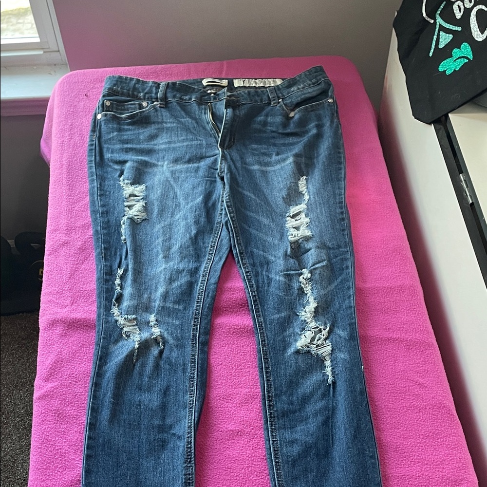 Indigo Rein Dark Blue Distressed Straight Leg Jeans